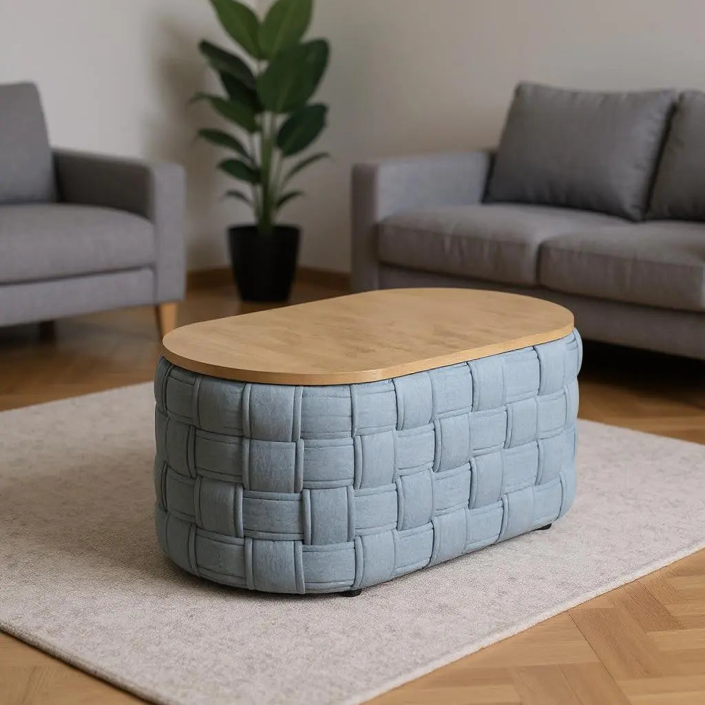 41" Natural and Blue Wood And Woven Fabric Oval Coffee Table Homeroots Living Room