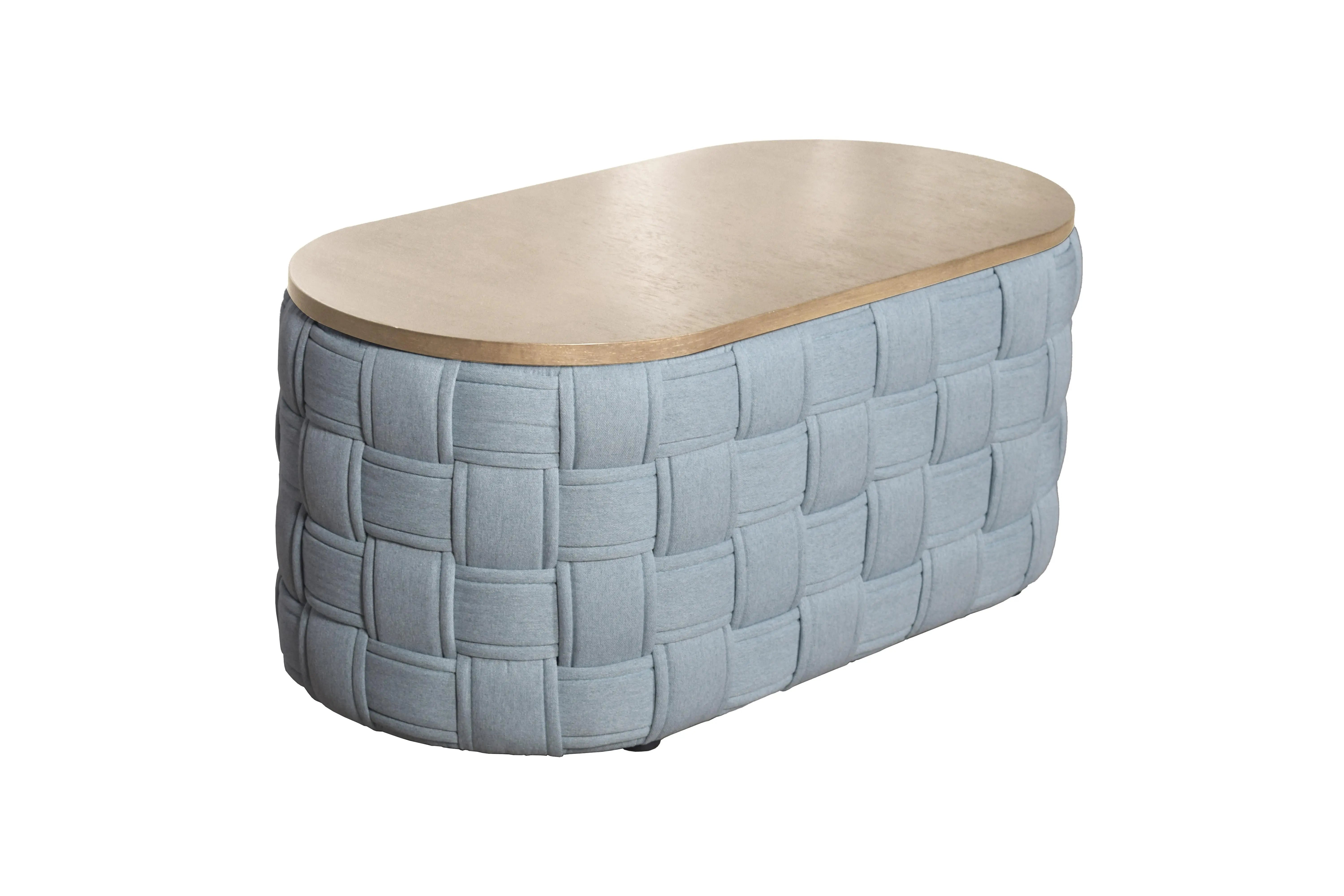 41" Natural and Blue Wood And Woven Fabric Oval Coffee Table Homeroots Living Room