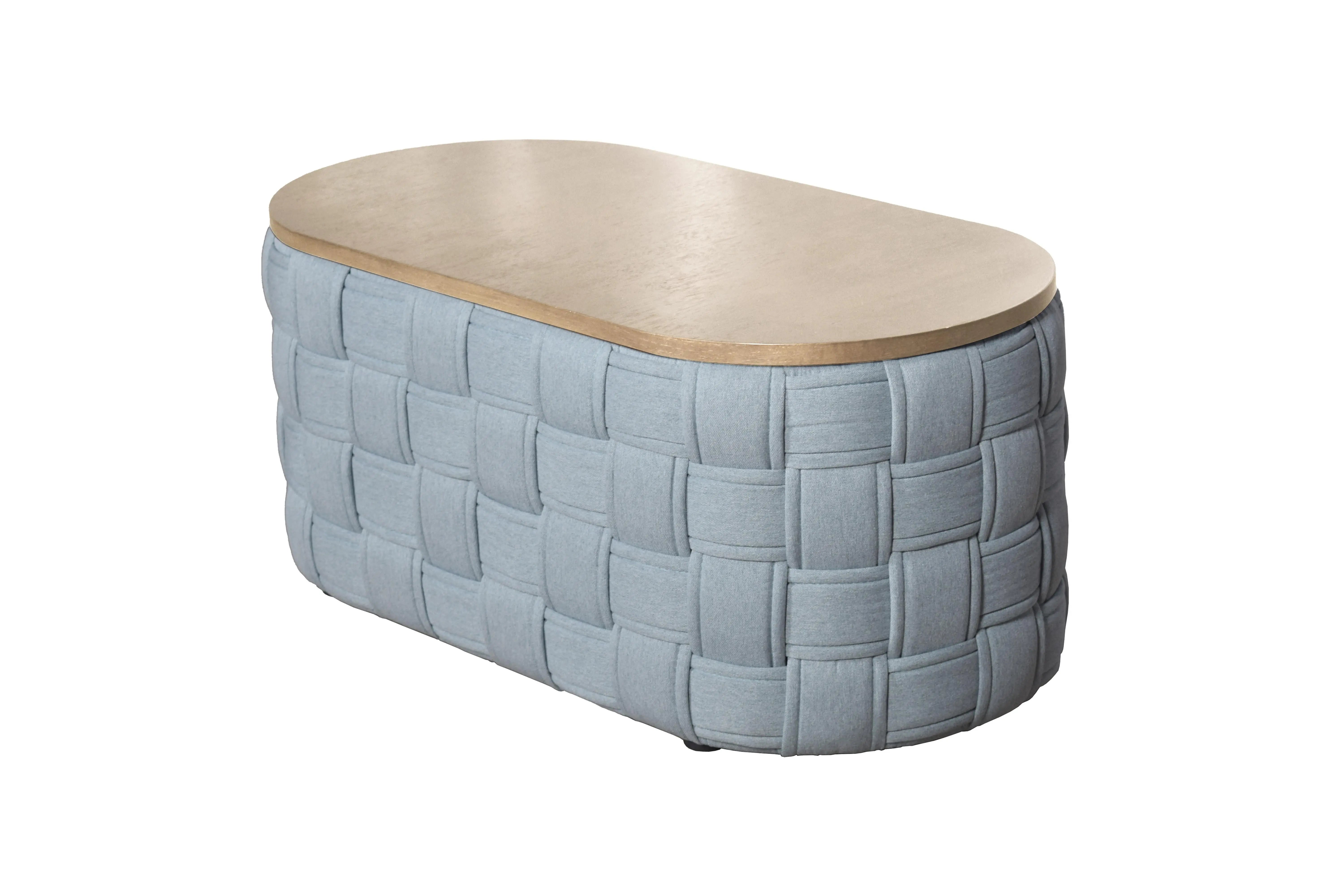 41" Natural and Blue Wood And Woven Fabric Oval Coffee Table Homeroots Living Room
