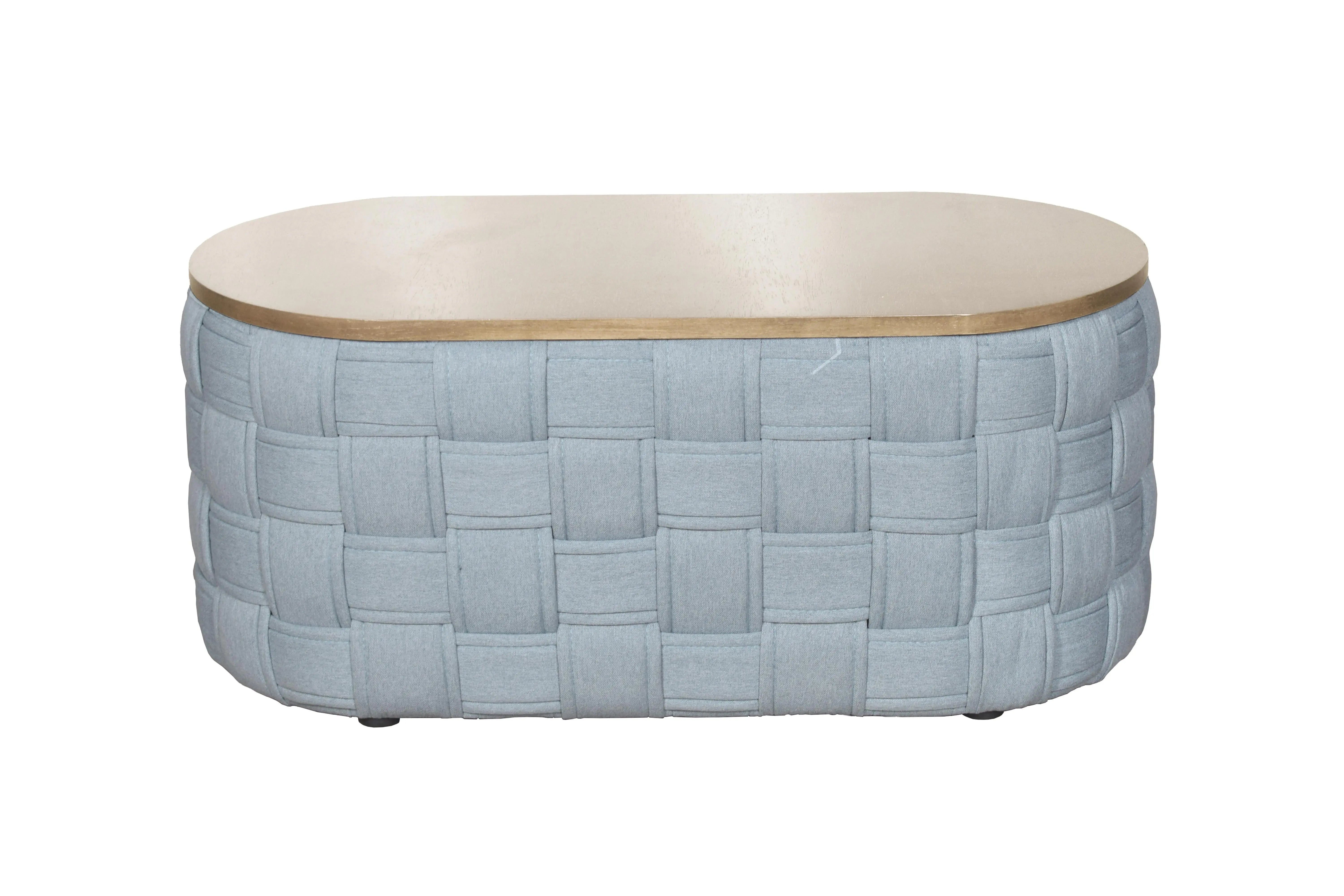 41" Natural and Blue Wood And Woven Fabric Oval Coffee Table Homeroots Living Room