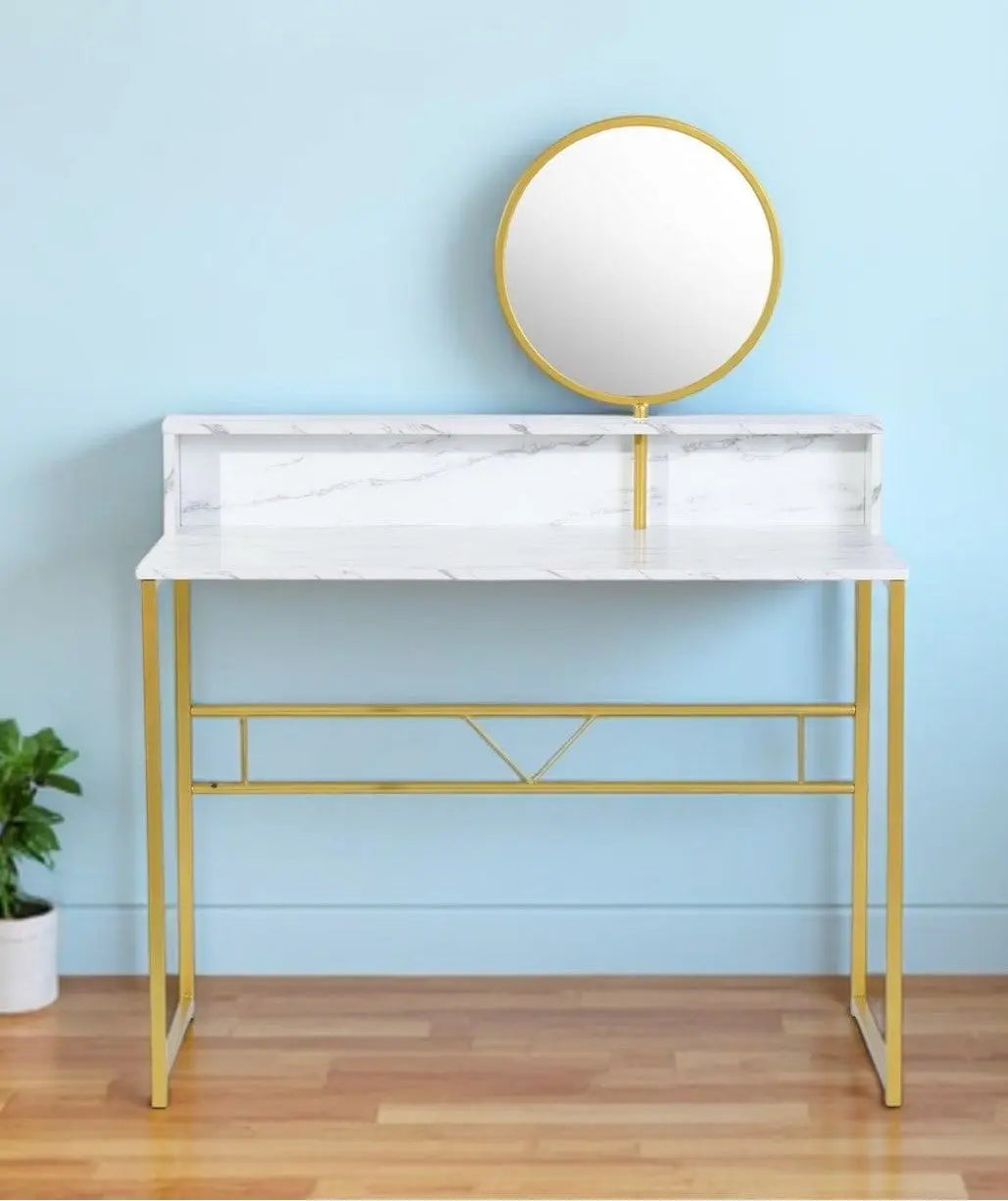41" White And Gold Faux Marble and Steel Vanity Table with Mirror Homeroots Living Room