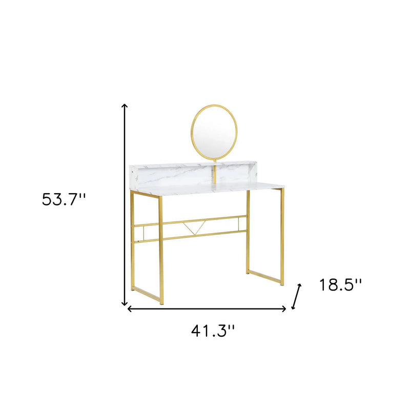 41" White And Gold Faux Marble and Steel Vanity Table with Mirror Homeroots Living Room