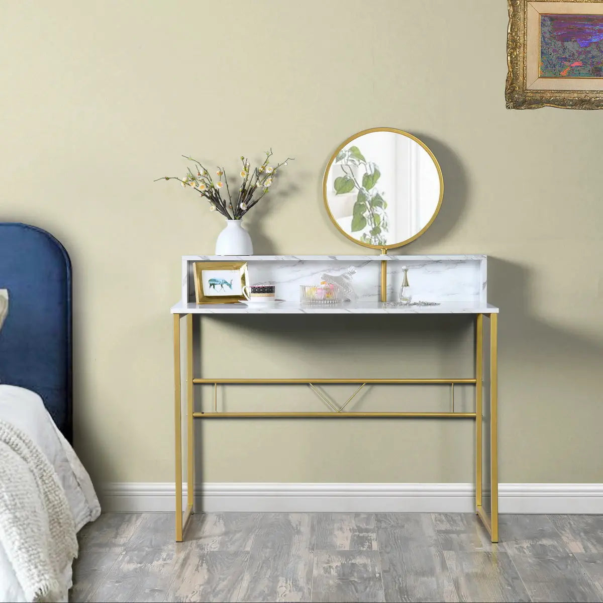 41" White And Gold Faux Marble and Steel Vanity Table with Mirror Homeroots Living Room