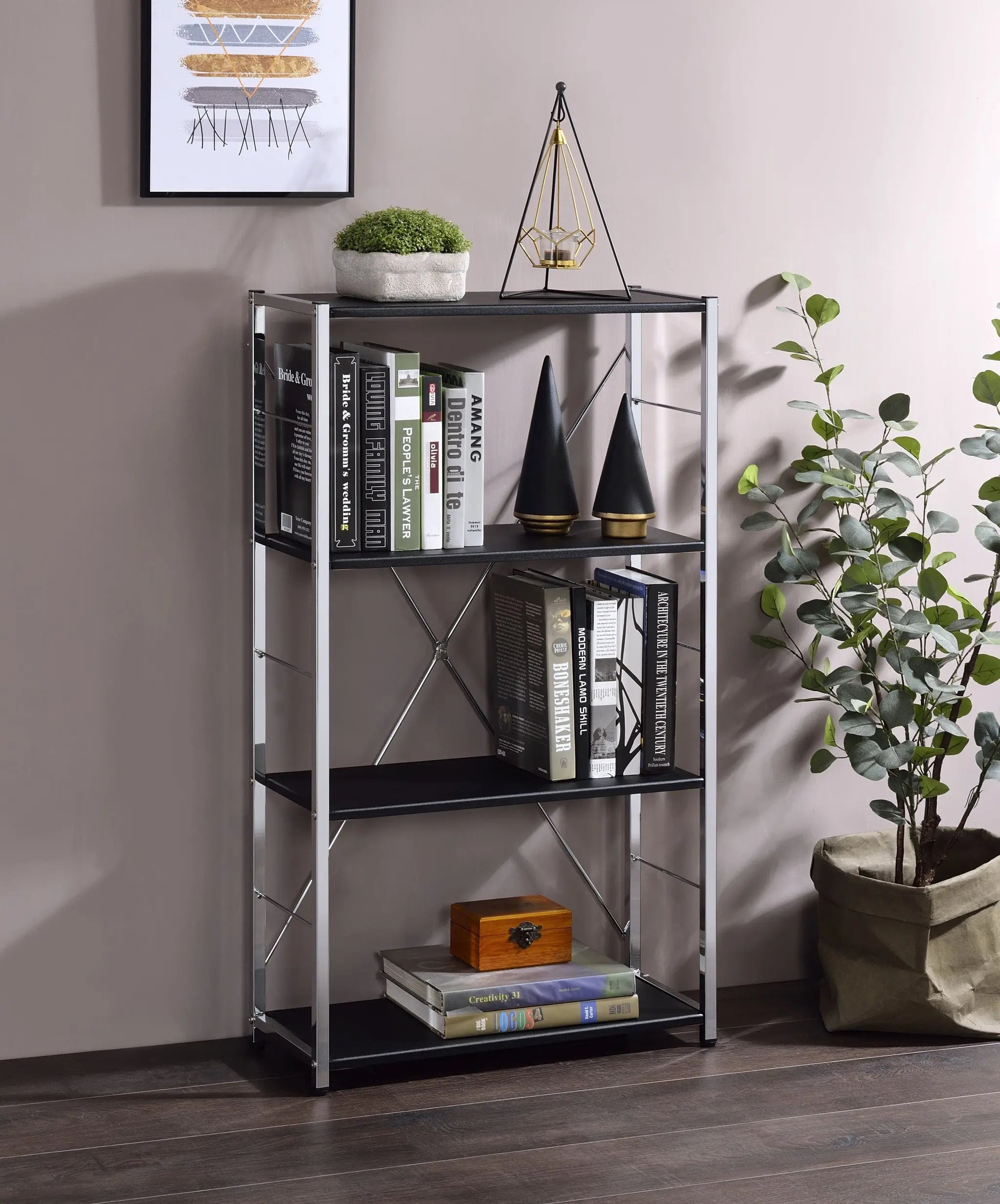 42" Black And Silver Metal and Wood Four Tier Etagere Bookcase Homeroots Office