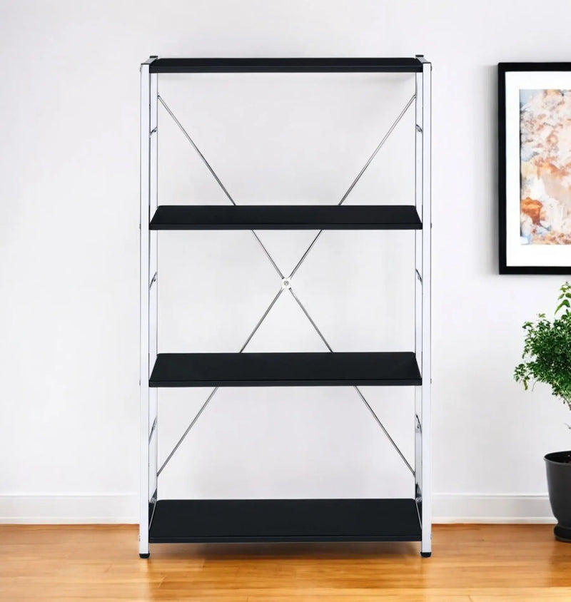 42" Black And Silver Metal and Wood Four Tier Etagere Bookcase Homeroots Office