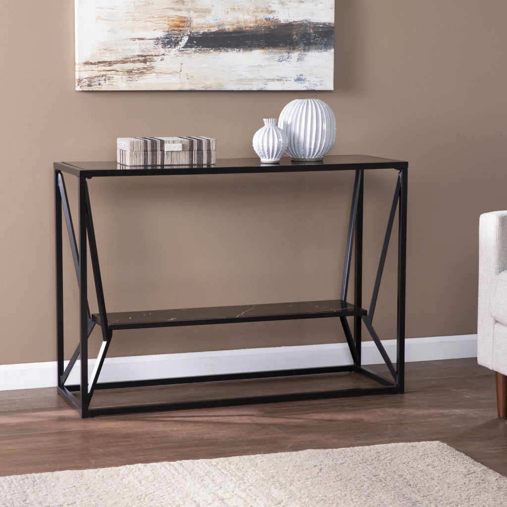 42" Black Glass Frame Console Table With Shelves Homeroots Living Room