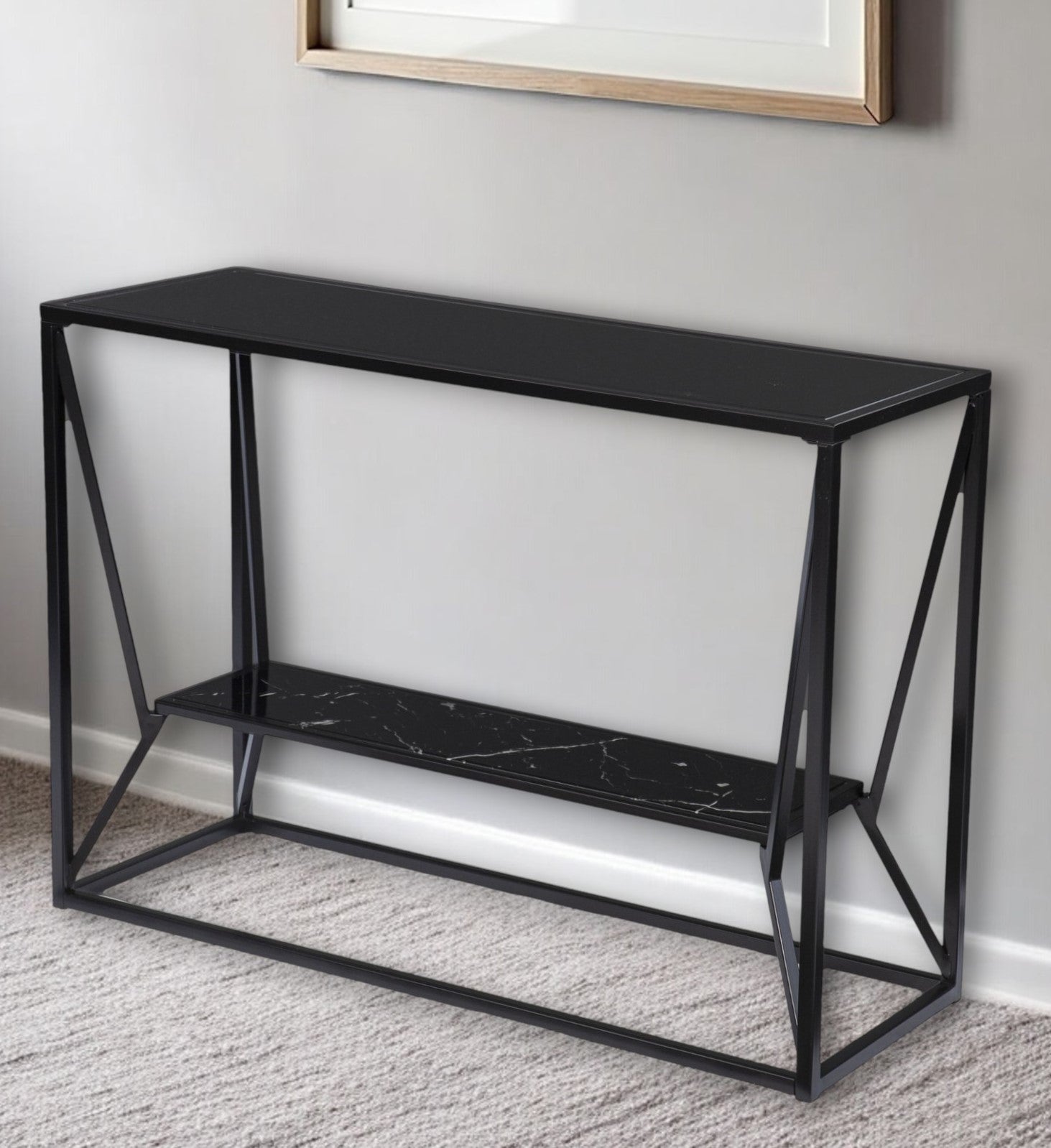 42" Black Glass Frame Console Table With Shelves Homeroots Living Room