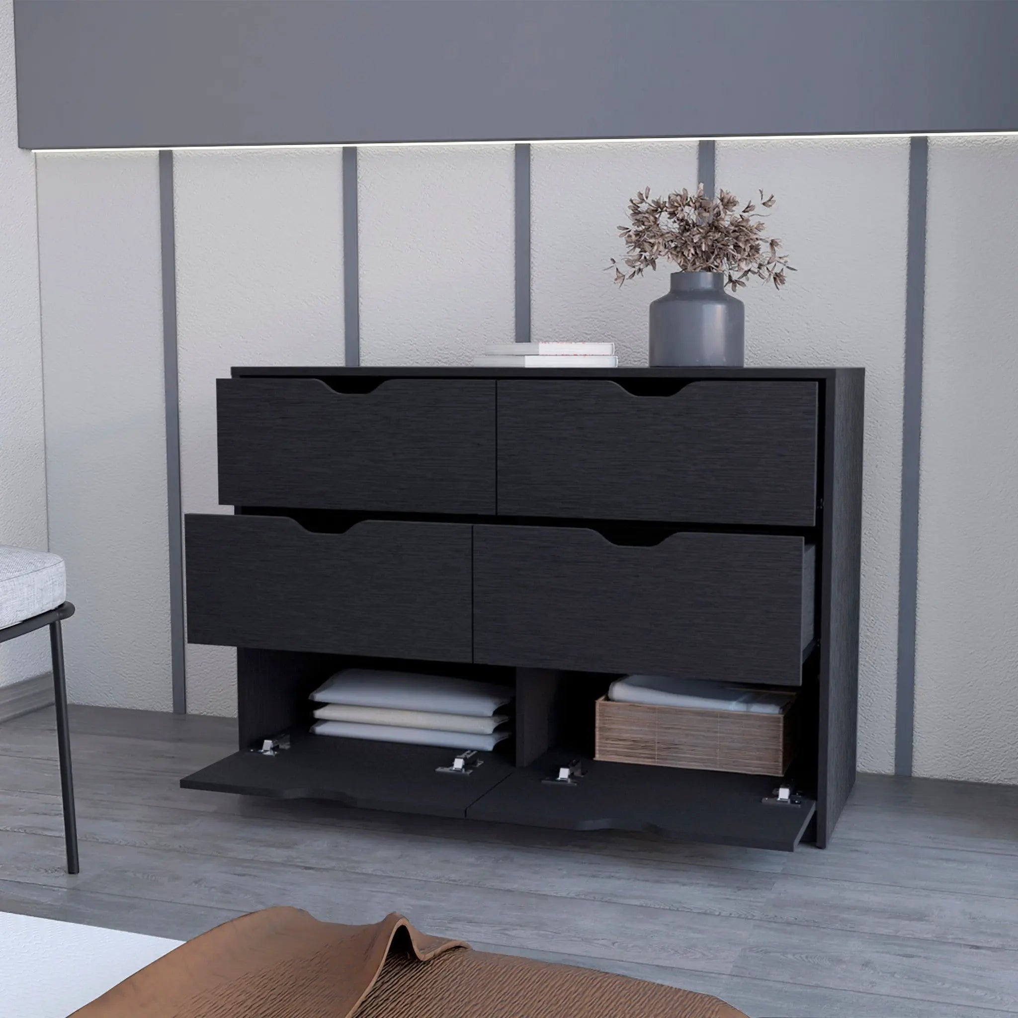 42" Black Manufactured Wood Six Drawer Modern Dresser Homeroots Bed & Bath