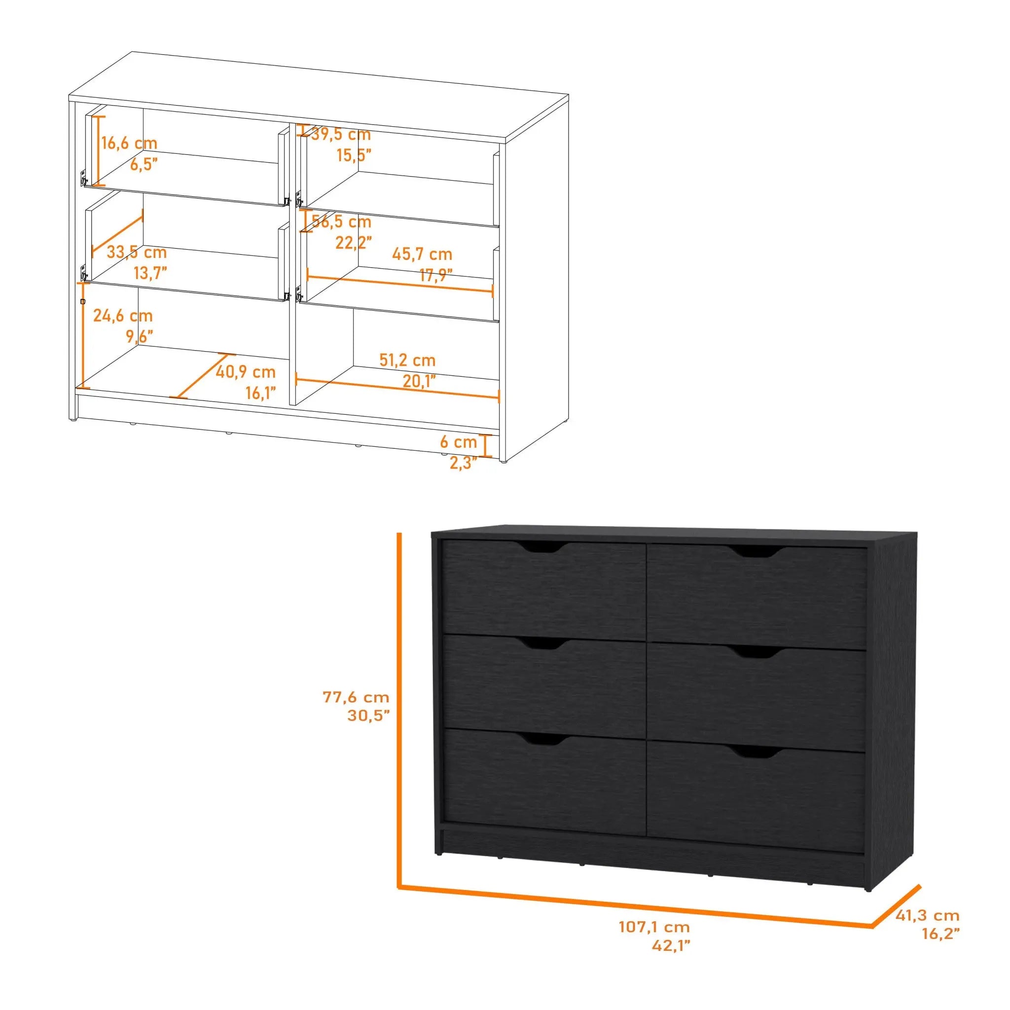42" Black Manufactured Wood Six Drawer Modern Dresser Homeroots Bed & Bath