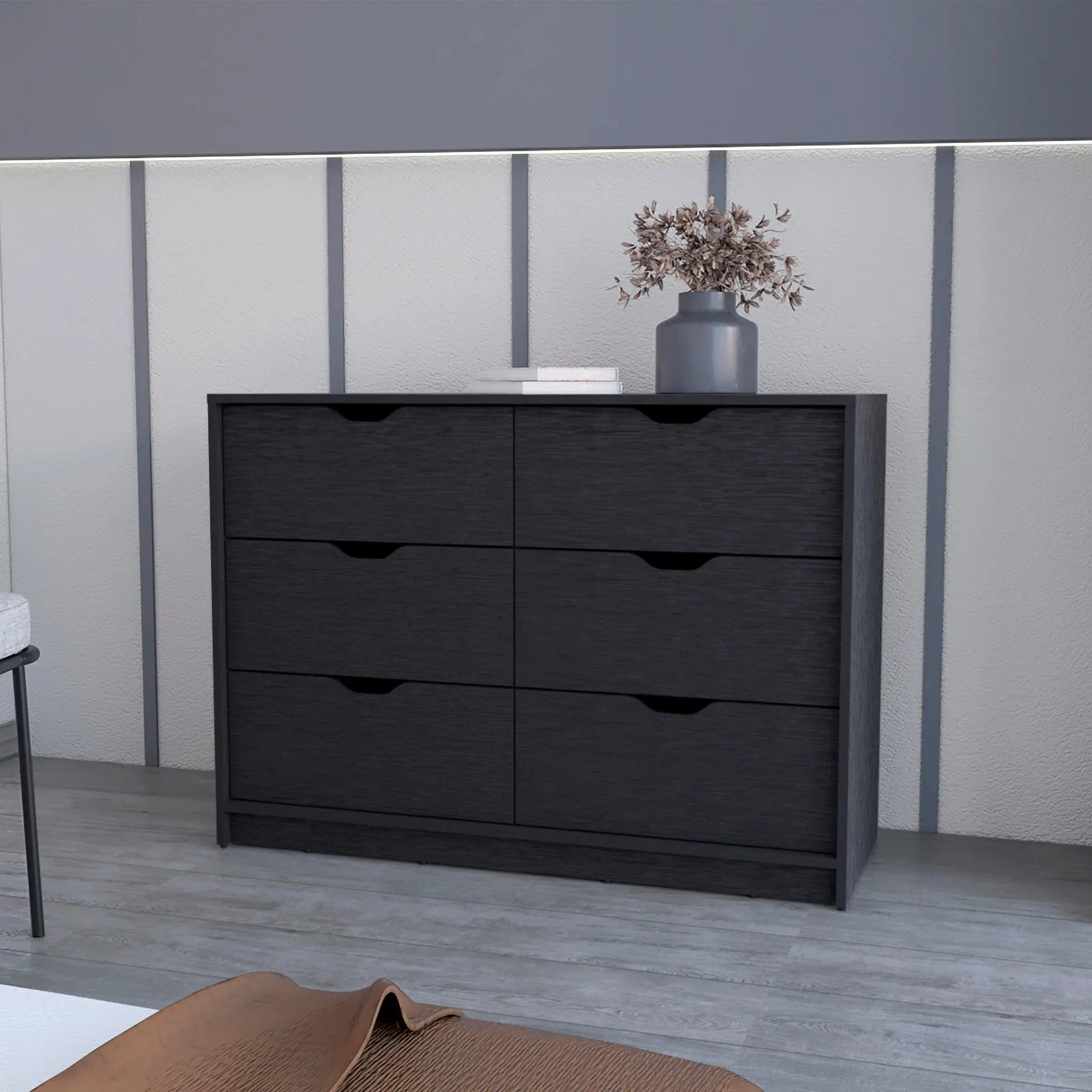 42" Black Manufactured Wood Six Drawer Modern Dresser Homeroots Bed & Bath