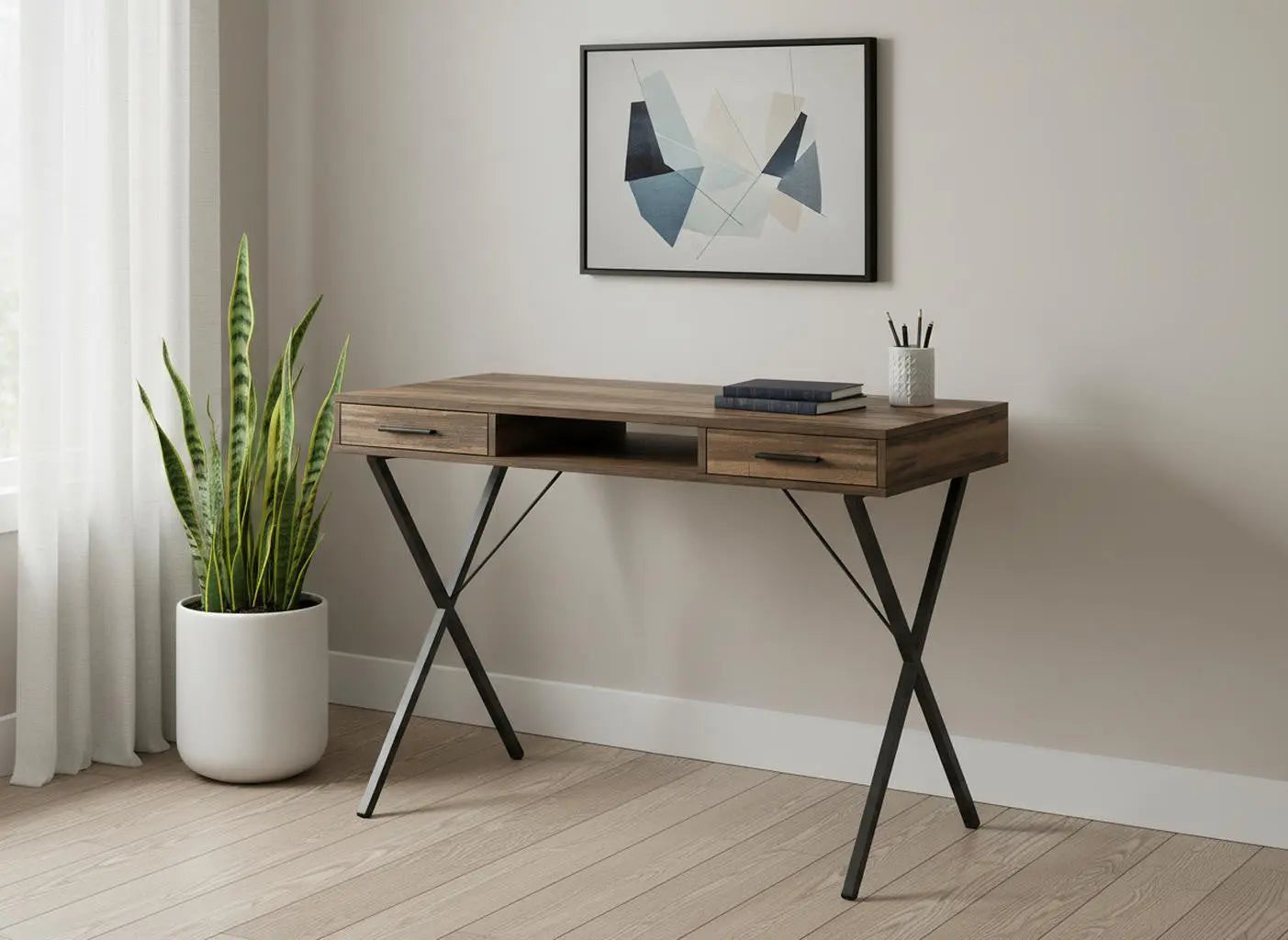 42" Brown and Black Wood and Metal x-Shape Computer Desk With Two Drawers Homeroots Office