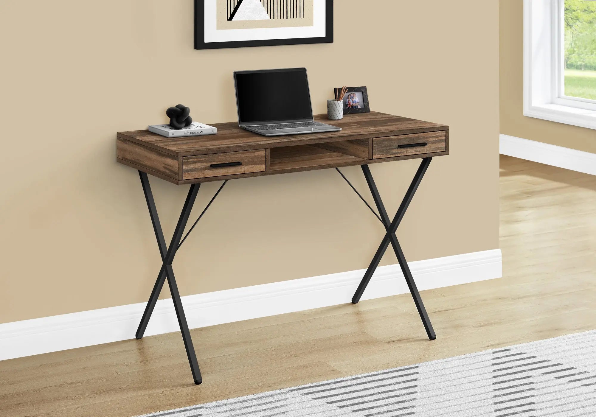 42" Brown and Black Wood and Metal x-Shape Computer Desk With Two Drawers Homeroots Office