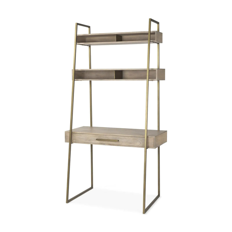 42" Brown and Gold Solid Wood and Metal Sled Ladder Desk Homeroots Office