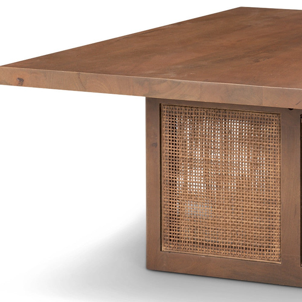 42" Brown and Natural Solid Wood and Wicker Square Double Pedestal Coffee Table - GreatEagleInc