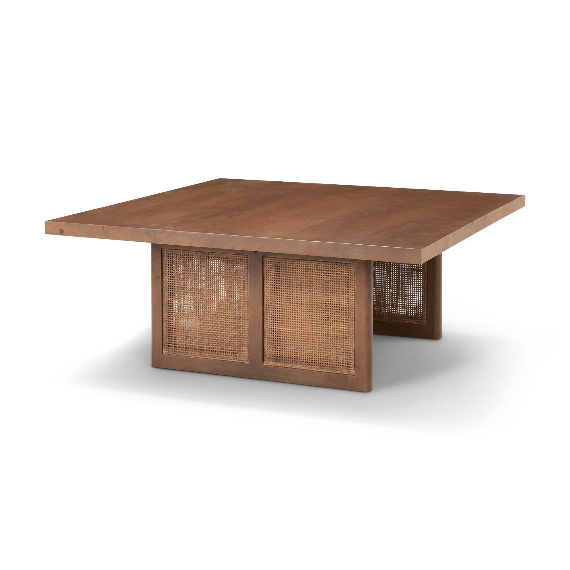 42" Brown and Natural Solid Wood and Wicker Square Double Pedestal Coffee Table - GreatEagleInc