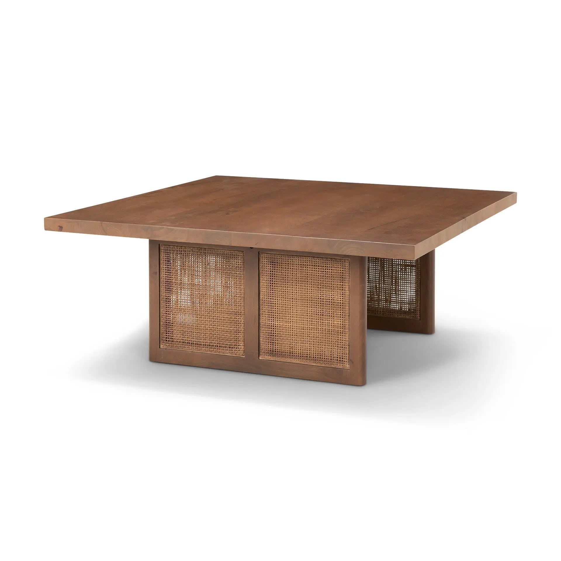 42" Brown and Natural Solid Wood and Wicker Square Double Pedestal Coffee Table - GreatEagleInc