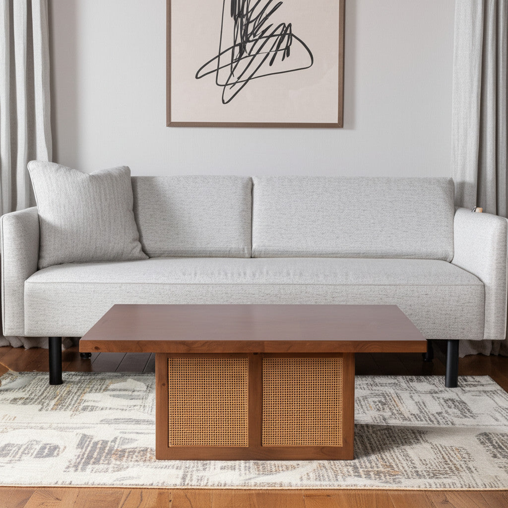 42" Brown and Natural Solid Wood and Wicker Square Double Pedestal Coffee Table - GreatEagleInc