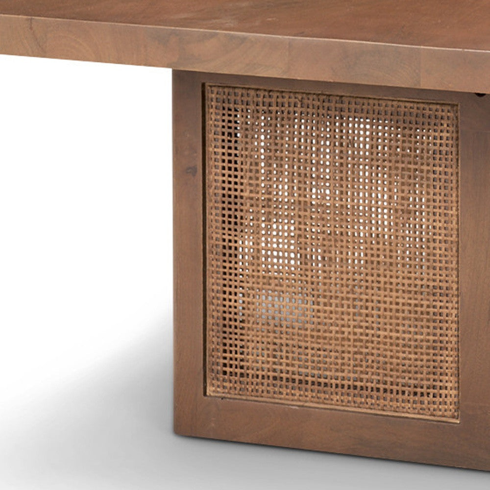 42" Brown and Natural Solid Wood and Wicker Square Double Pedestal Coffee Table - GreatEagleInc