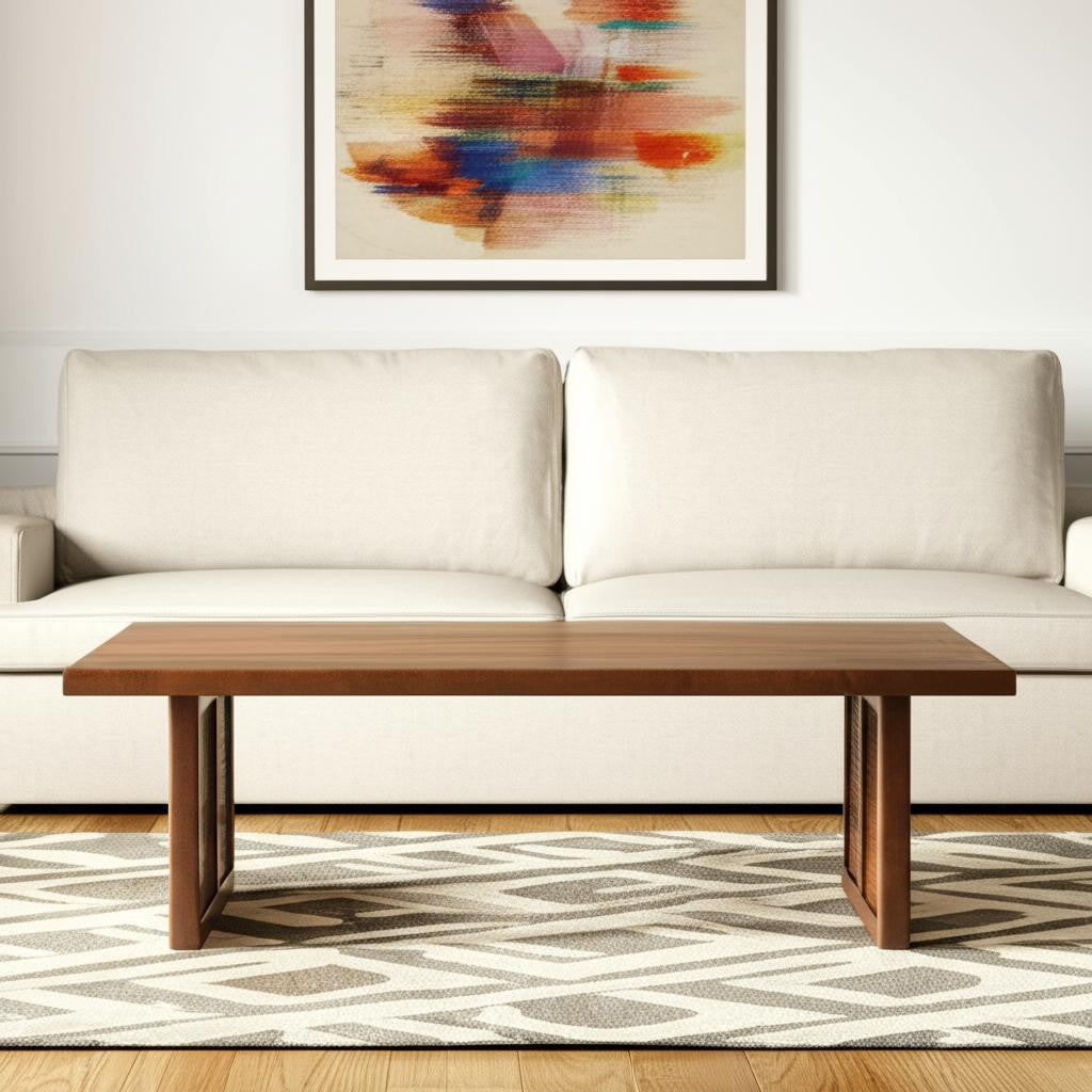 42" Brown and Natural Solid Wood and Wicker Square Double Pedestal Coffee Table - GreatEagleInc