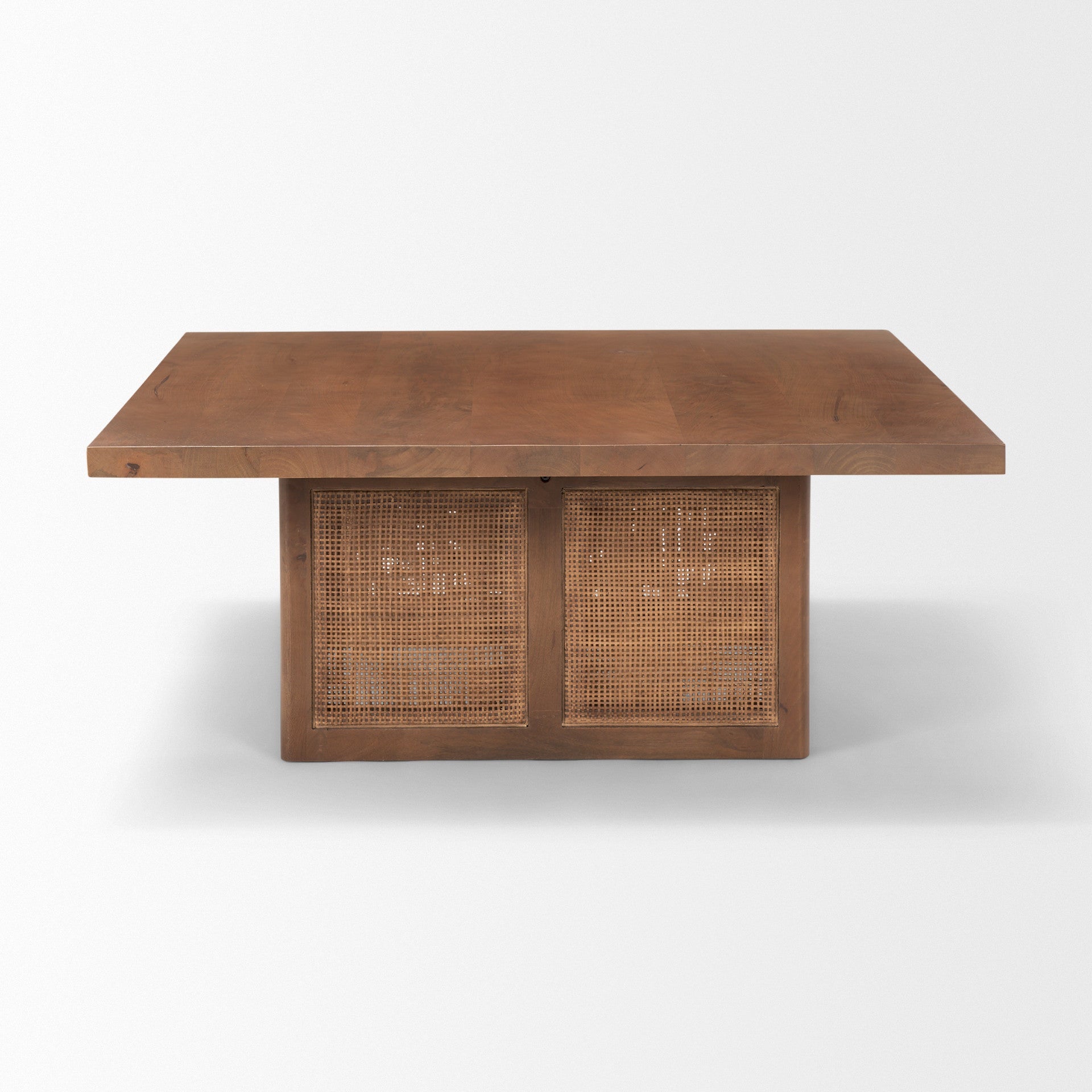 42" Brown and Natural Solid Wood and Wicker Square Double Pedestal Coffee Table - GreatEagleInc