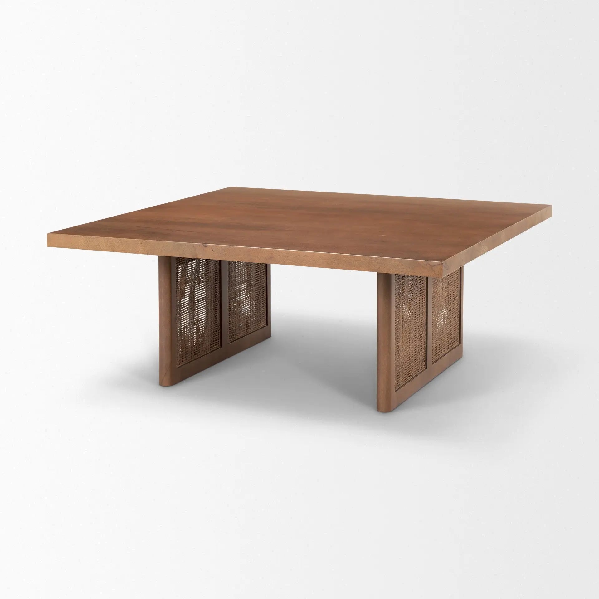 42" Brown and Natural Solid Wood and Wicker Square Double Pedestal Coffee Table - GreatEagleInc
