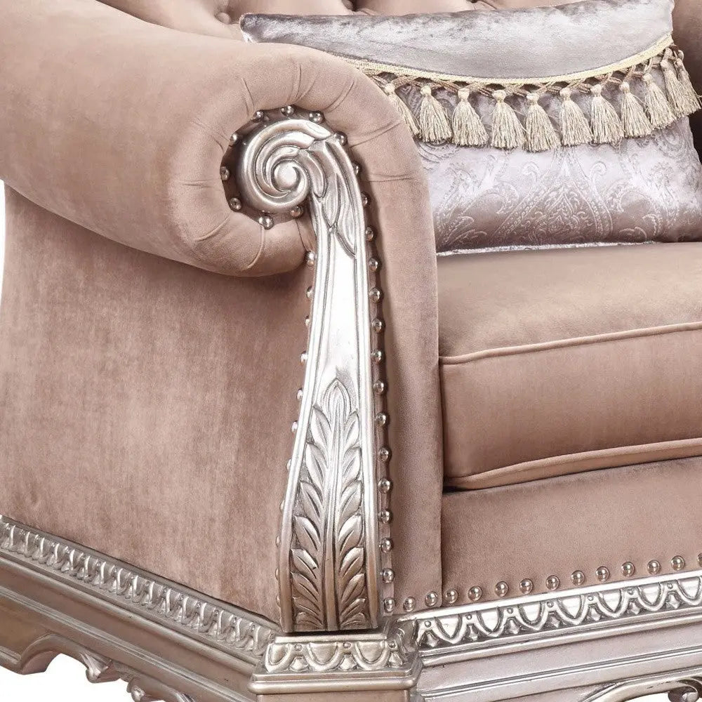 42" Cherry Blossom Pink and Silver Velvet Tufted Arm Chair And Toss Pillow - GreatEagleInc