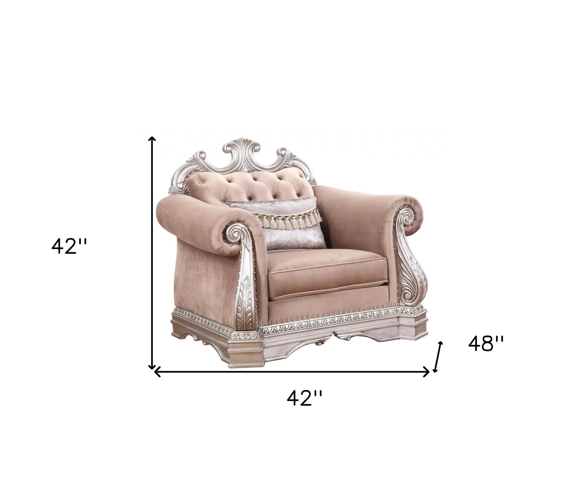 42" Cherry Blossom Pink and Silver Velvet Tufted Arm Chair And Toss Pillow - GreatEagleInc