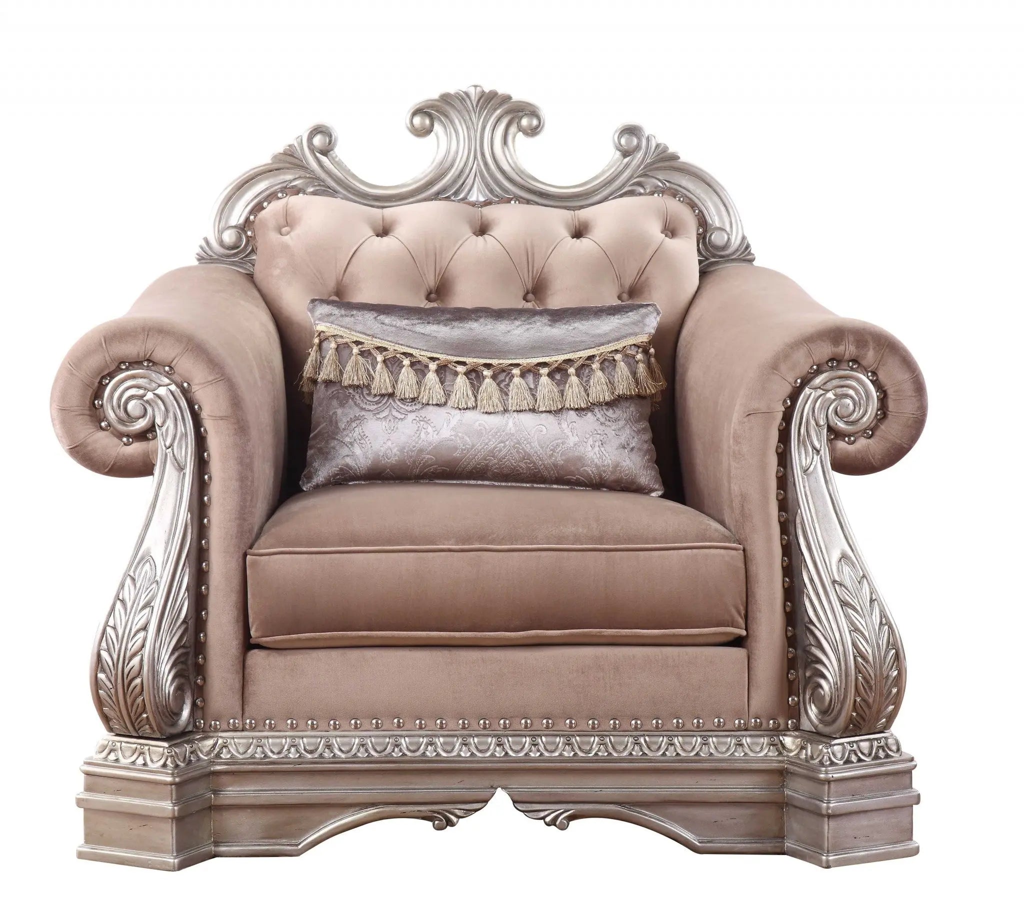 42" Cherry Blossom Pink and Silver Velvet Tufted Arm Chair And Toss Pillow - GreatEagleInc