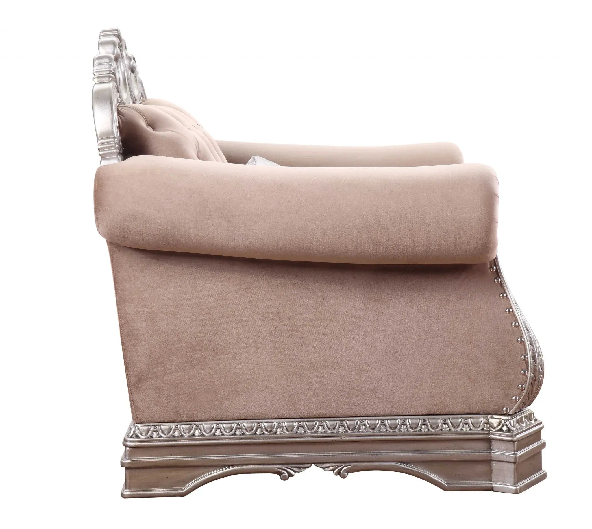 42" Cherry Blossom Pink and Silver Velvet Tufted Arm Chair And Toss Pillow - GreatEagleInc