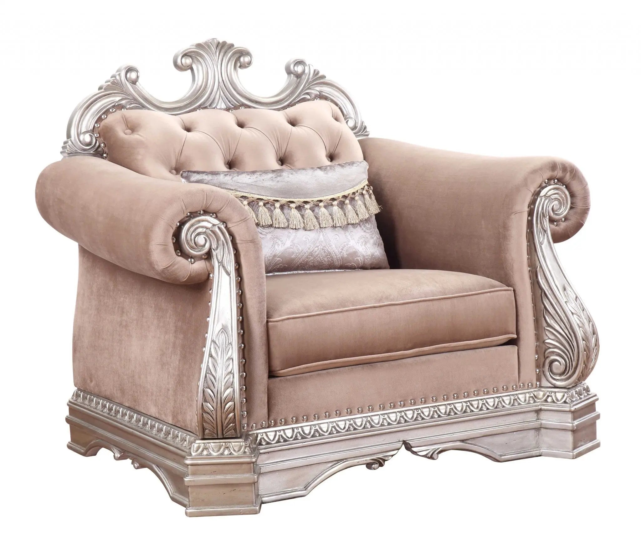 42" Cherry Blossom Pink and Silver Velvet Tufted Arm Chair And Toss Pillow - GreatEagleInc