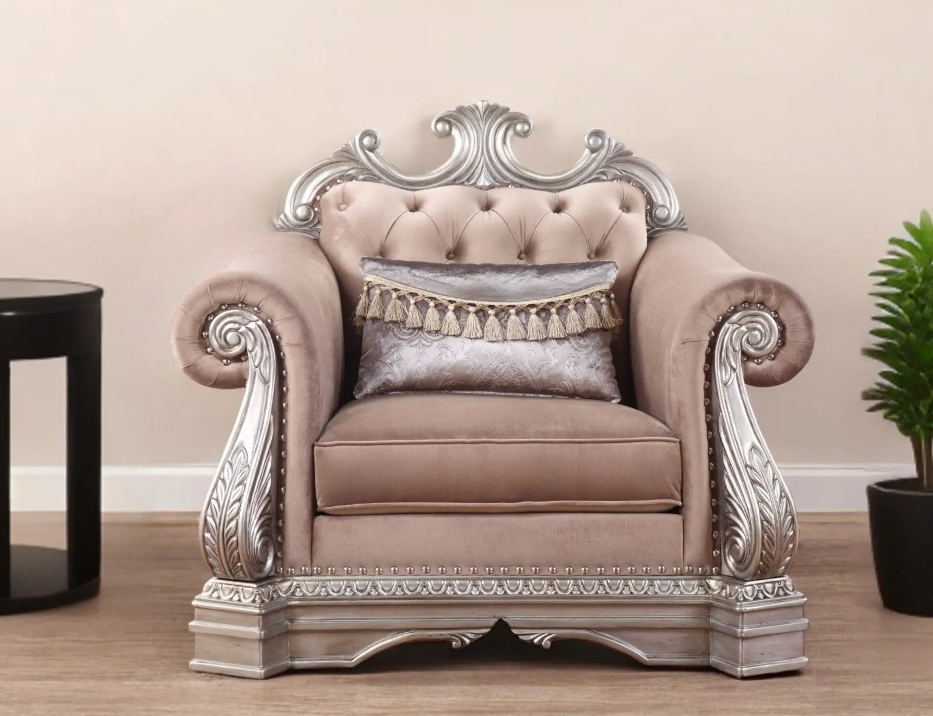 42" Cherry Blossom Pink and Silver Velvet Tufted Arm Chair And Toss Pillow - GreatEagleInc