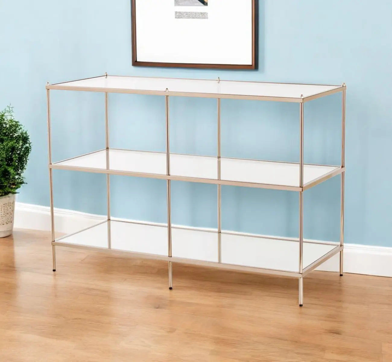 42" Clear and Gold Glass Mirrored Frame Console Table With Shelves Homeroots Living Room