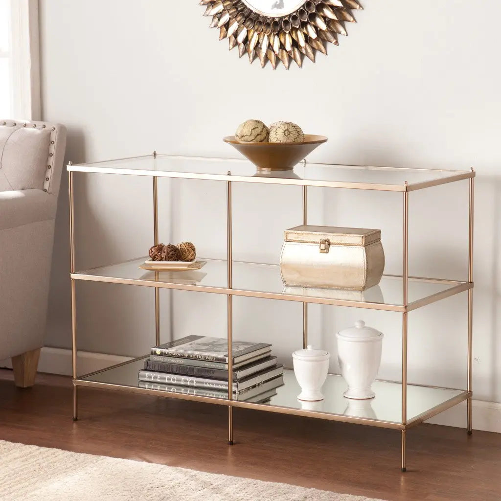 42" Clear and Gold Glass Mirrored Frame Console Table With Shelves Homeroots Living Room