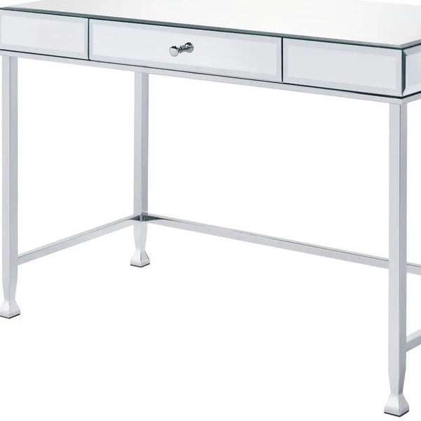 Mirrored console table with silver frame and two drawers, elegant modern design for entryways or living rooms.