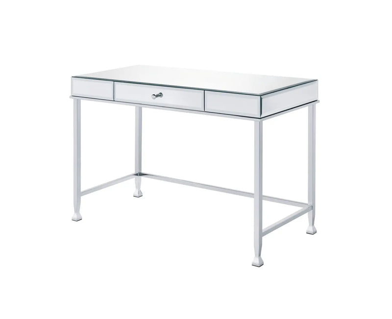 Mirrored glass writing desk with silver metal legs, modern style and one drawer for storage. Perfect for home offices.