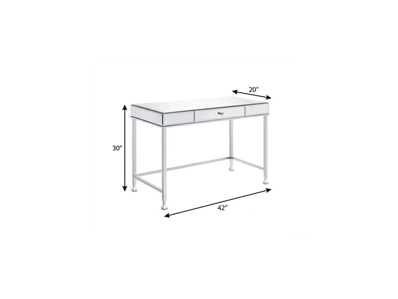 Silver metal writing desk with mirrored surface and two drawers, dimensions: 42"x20"x30". Modern, sleek design.