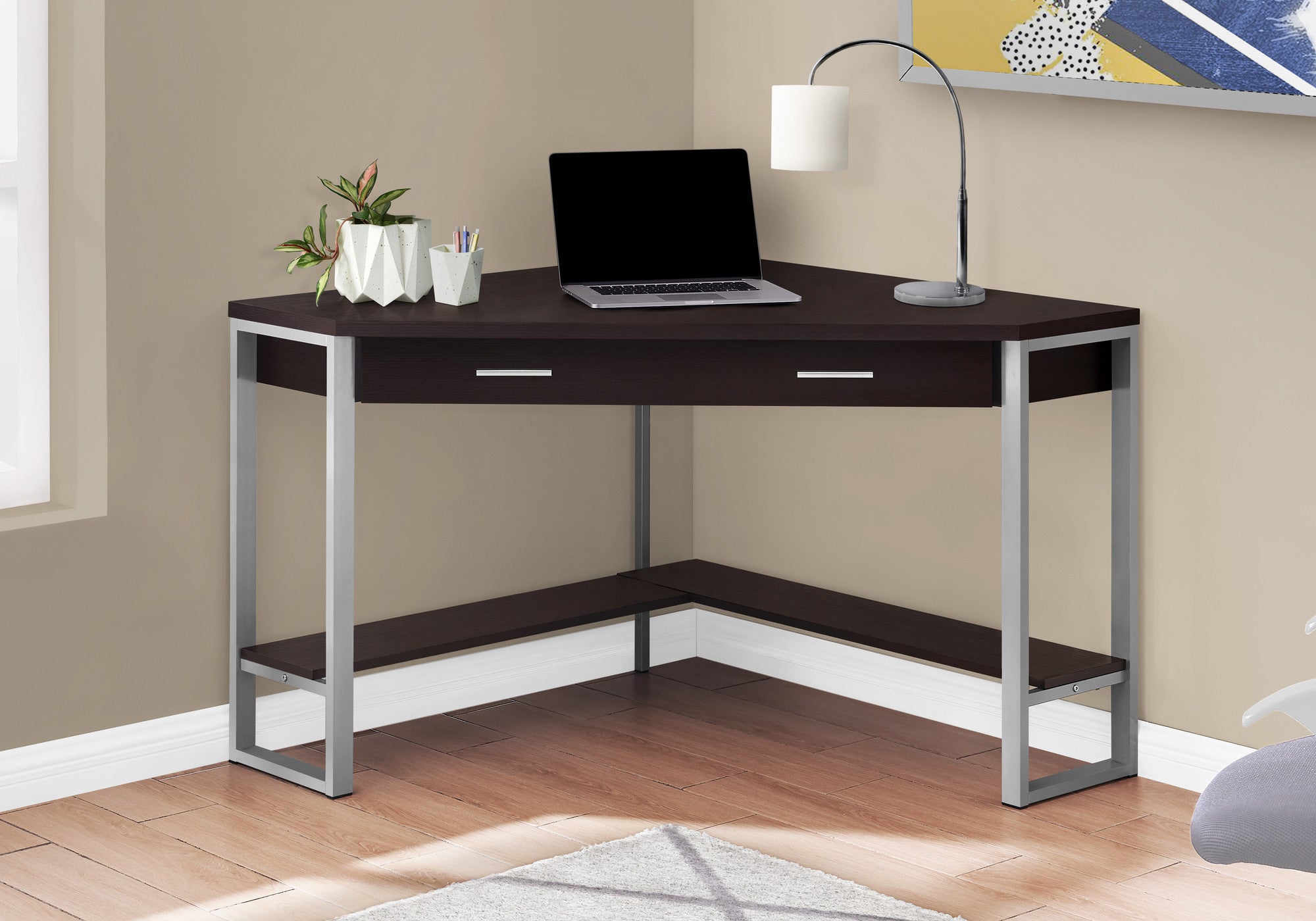 42" Dark Brown and Silver Corner Computer Desk - GreatEagleInc