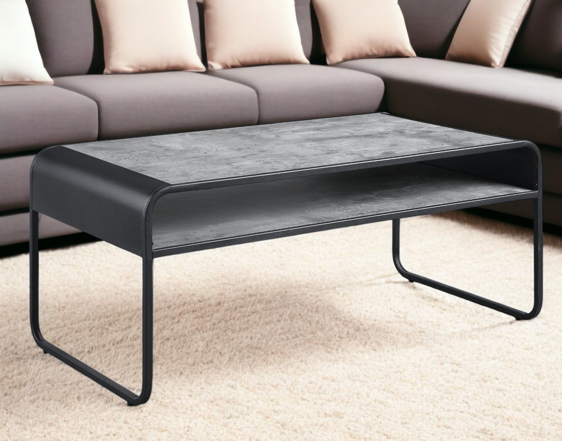 42" Gray and Black Concrete And Metal Sled Coffee Table With Shelf - GreatEagleInc