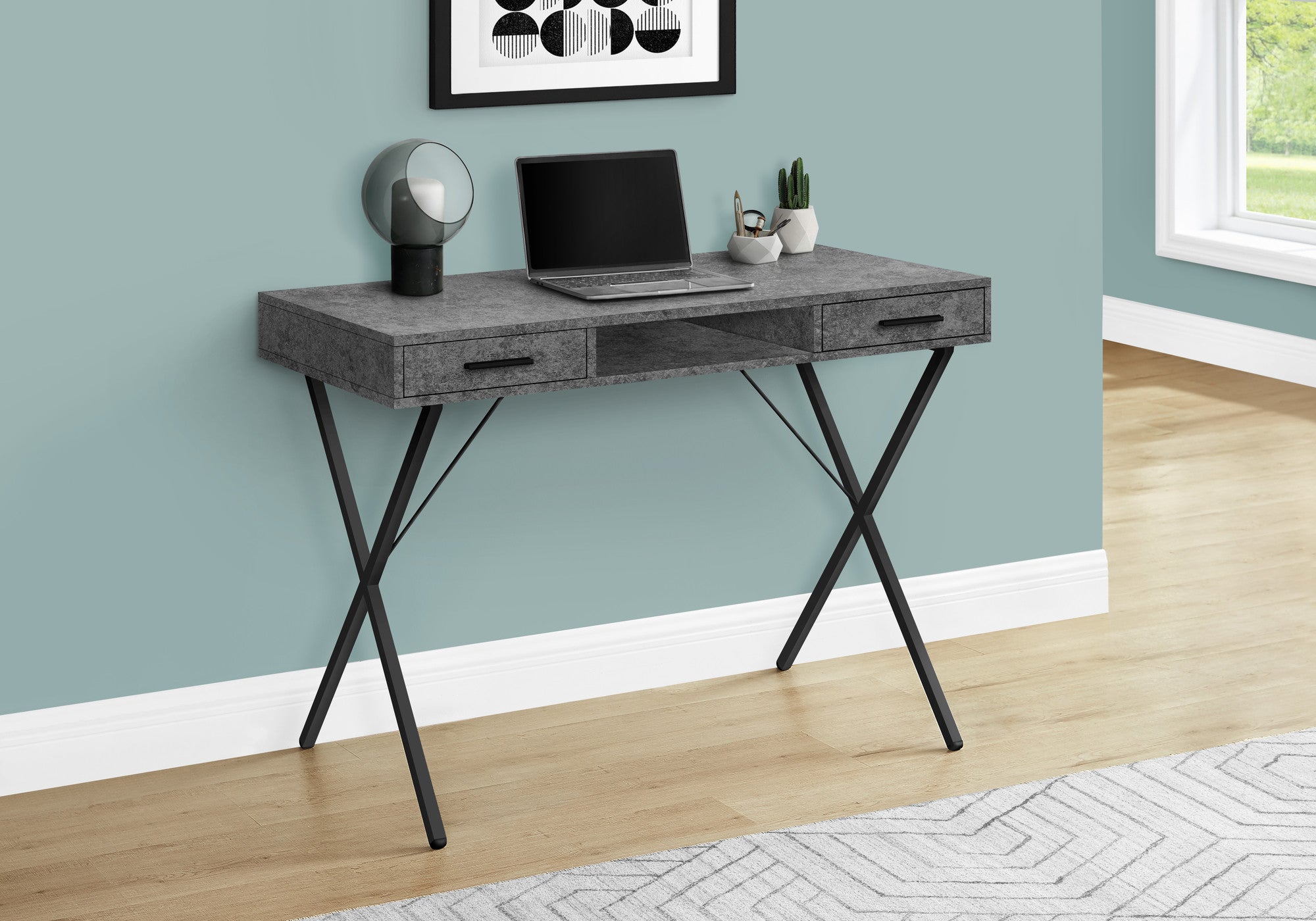 42" Gray and Black Wood and Metal x-Shape Computer Desk With Two Drawers Homeroots Office