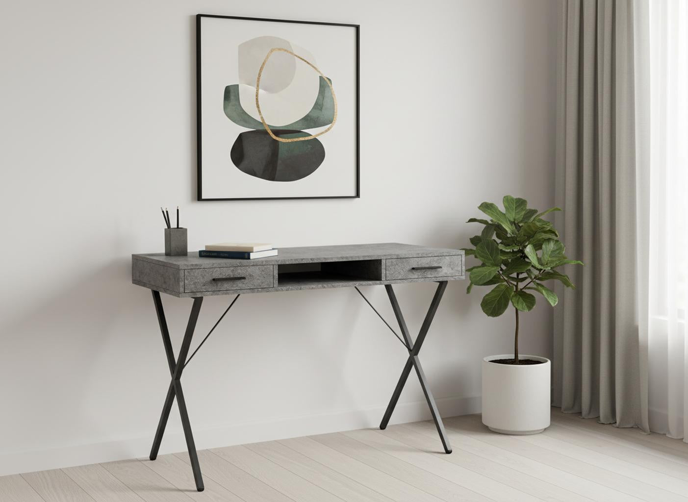 42" Gray and Black Wood and Metal x-Shape Computer Desk With Two Drawers Homeroots Office