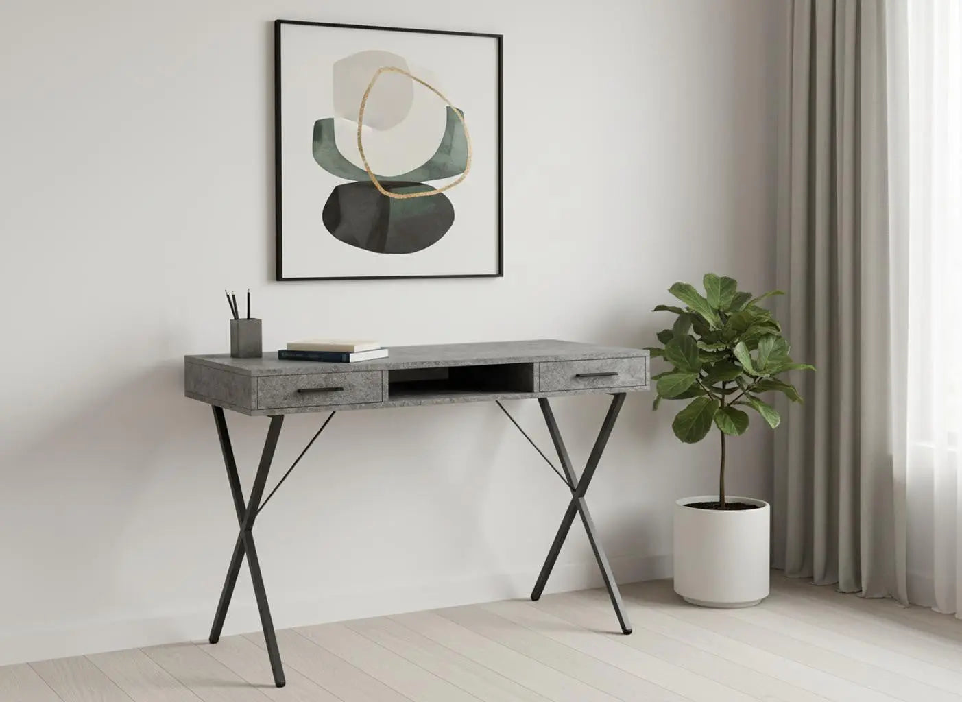 42" Gray and Black Wood and Metal x-Shape Computer Desk With Two Drawers Homeroots Office