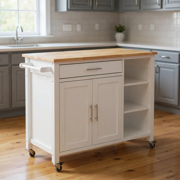 42" Natural and White Butcher Block and Iron Rolling Kitchen Cart With Storage Homeroots Kitchen & Dining