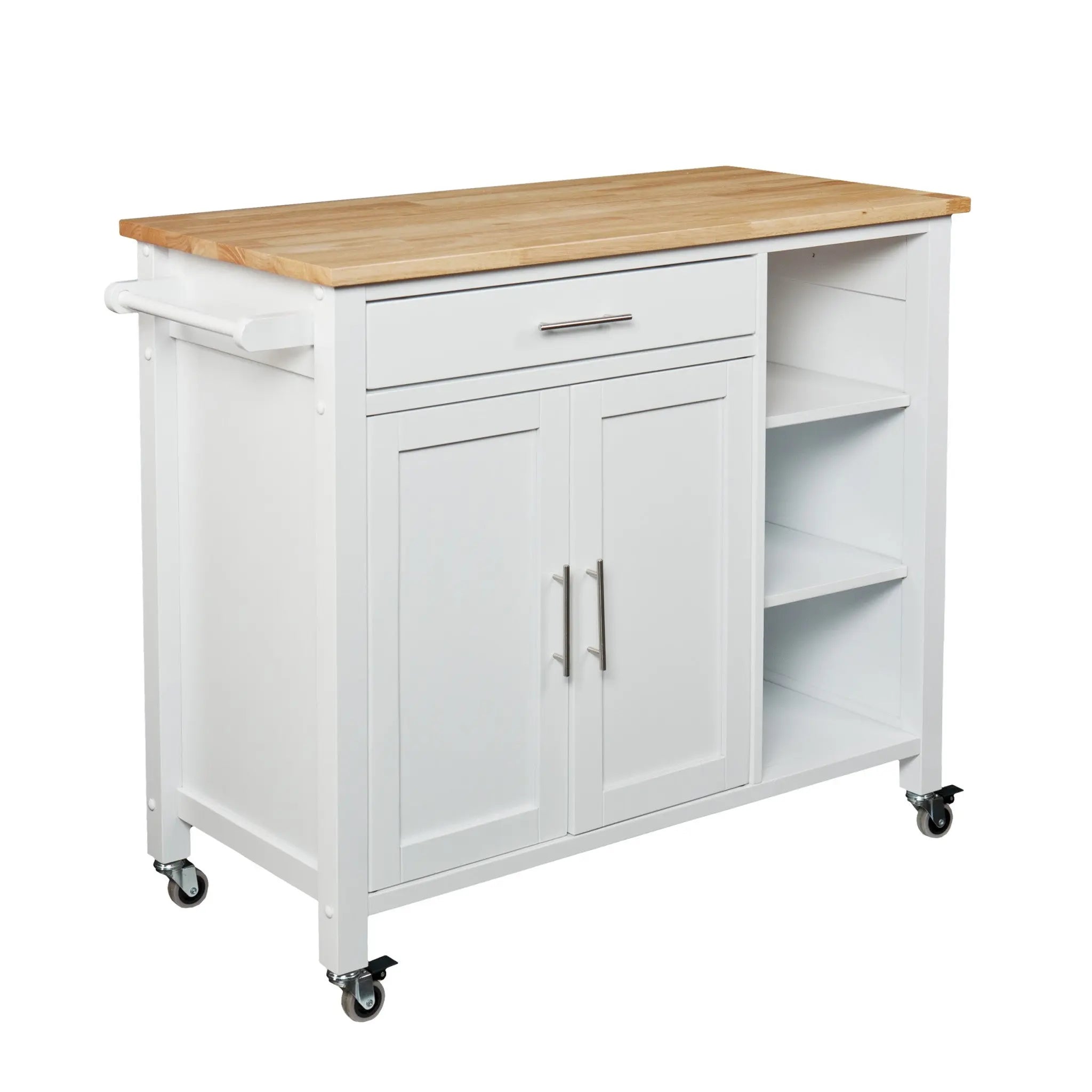 42" Natural and White Butcher Block and Iron Rolling Kitchen Cart With Storage Homeroots Kitchen & Dining