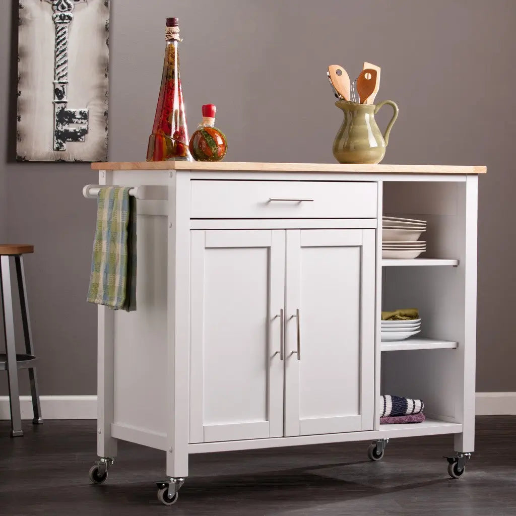 42" Natural and White Butcher Block and Iron Rolling Kitchen Cart With Storage Homeroots Kitchen & Dining
