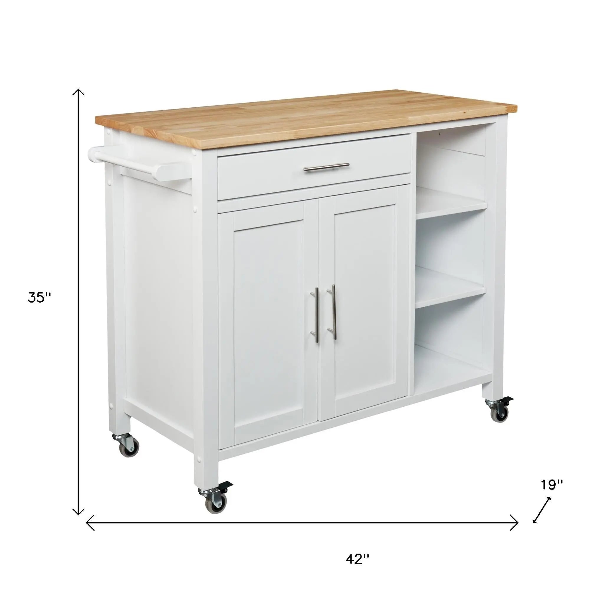 42" Natural and White Butcher Block and Iron Rolling Kitchen Cart With Storage Homeroots Kitchen & Dining