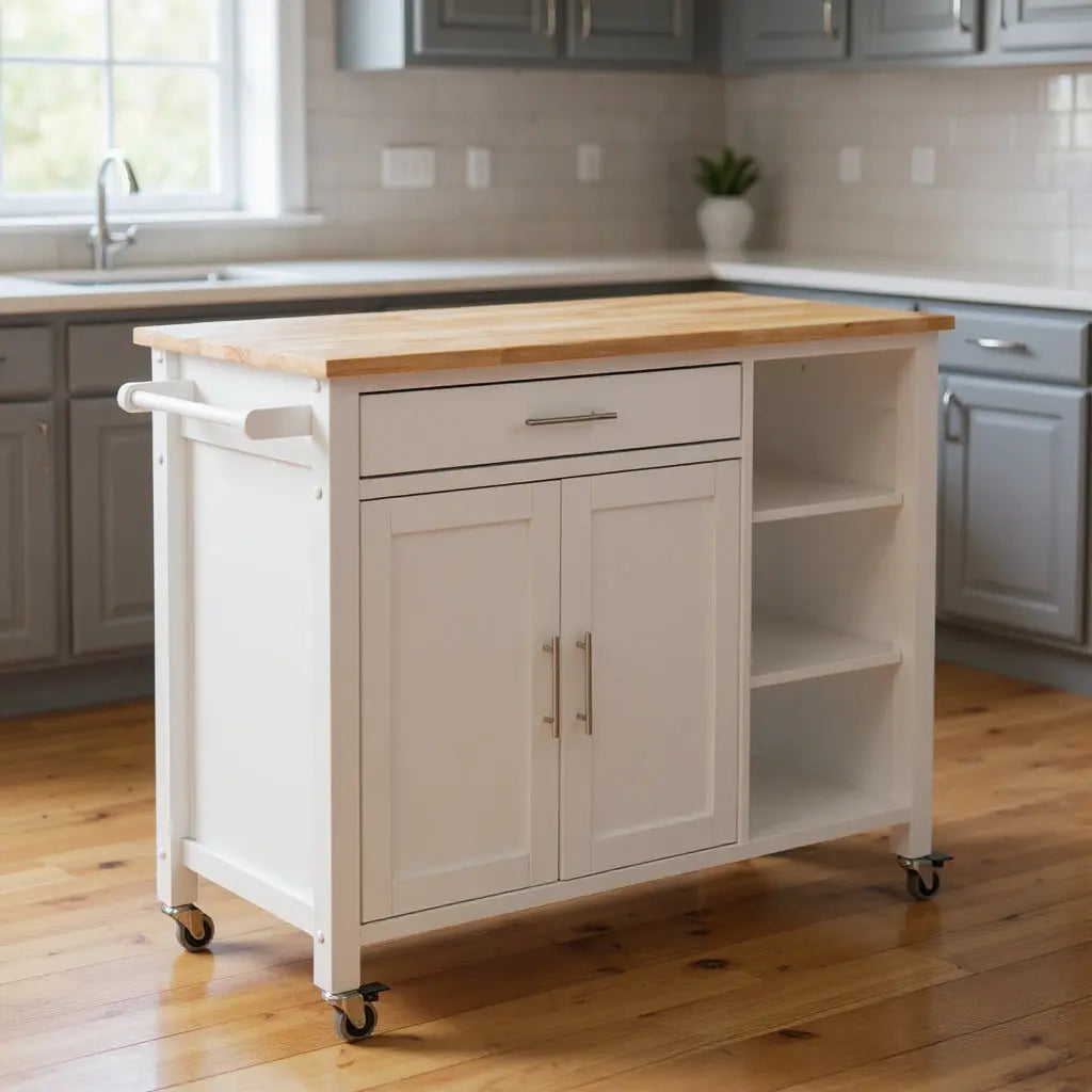 42" Natural and White Butcher Block and Iron Rolling Kitchen Cart With Storage Homeroots Kitchen & Dining