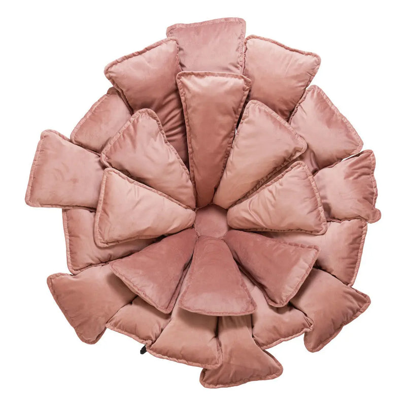 Pink velvet flower-shaped cushion with soft triangular petals, perfect for contemporary home decor.
