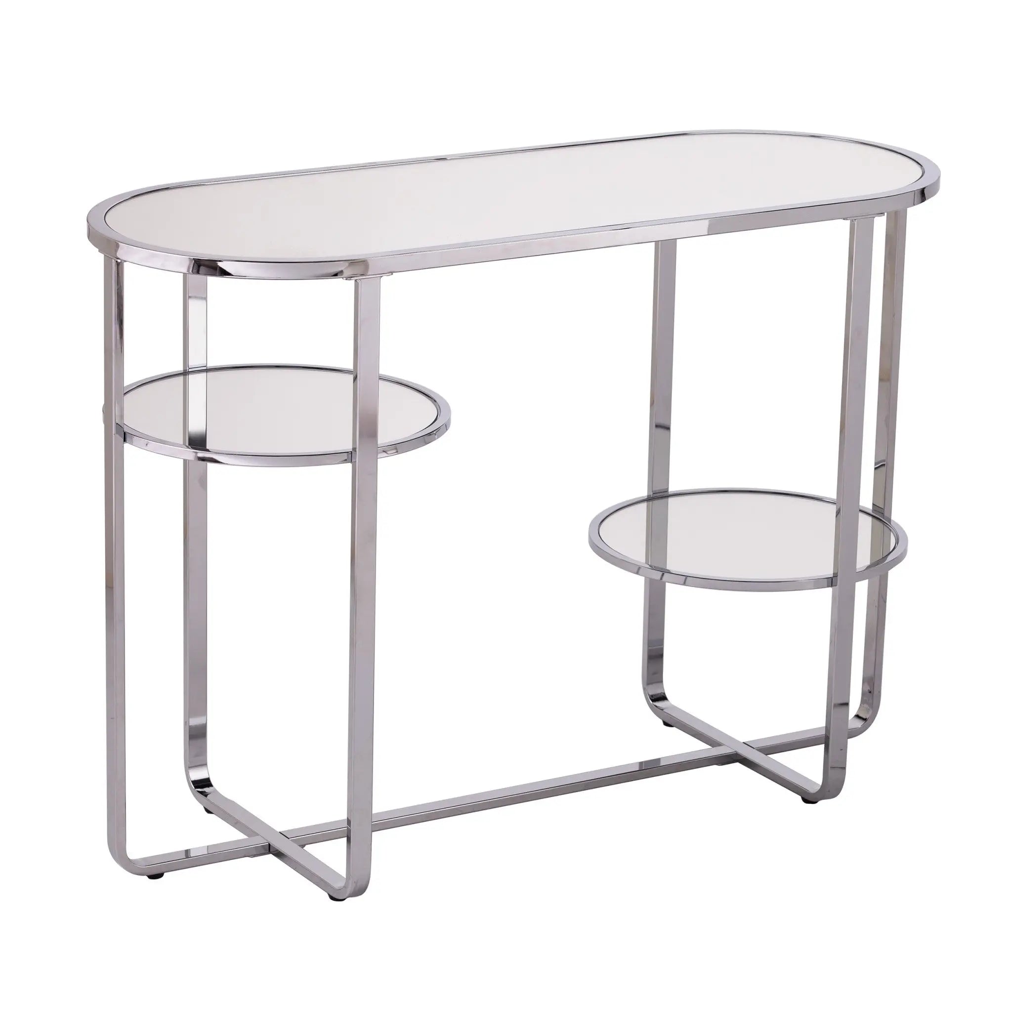 42" Silver Mirrored Glass Oval Cross Leg Console Table With Shelves Homeroots Living Room