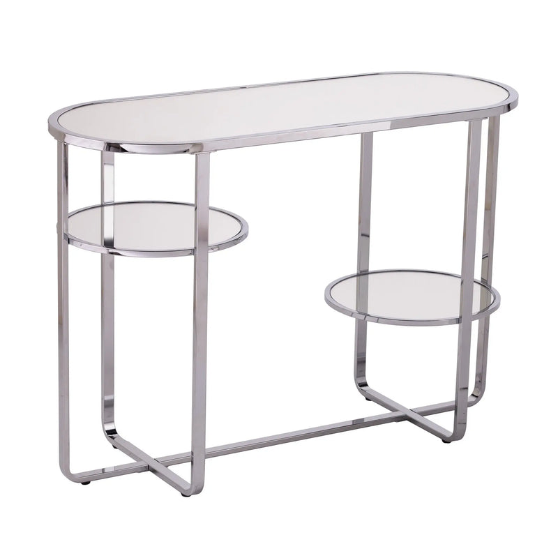 42" Silver Mirrored Glass Oval Cross Leg Console Table With Shelves Homeroots Living Room