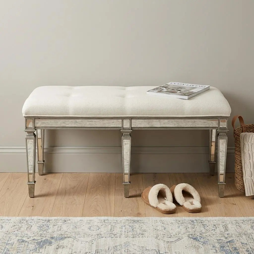 42" Silver Upholstered 100% Cotton Entryway Bench Homeroots Living Room